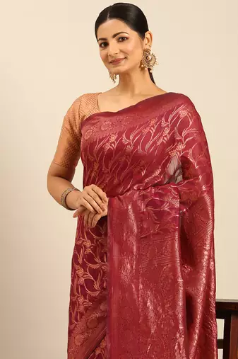 Sangam Prints Magenta Cotton Woven Work Traditional Saree