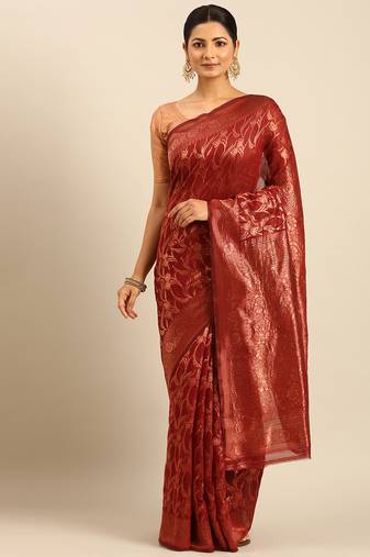 Sangam Prints Red Cotton Woven Work Traditional Saree