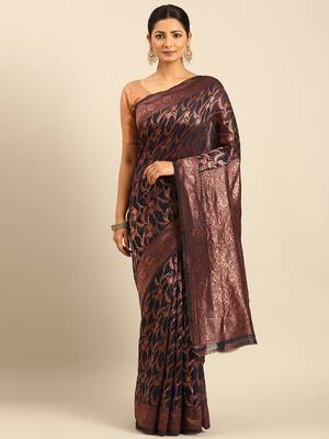 Sangam Prints Navy Blue Cotton Woven Work Traditional Saree 1