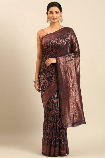 Sangam Prints Navy Blue Cotton Woven Work Traditional Saree