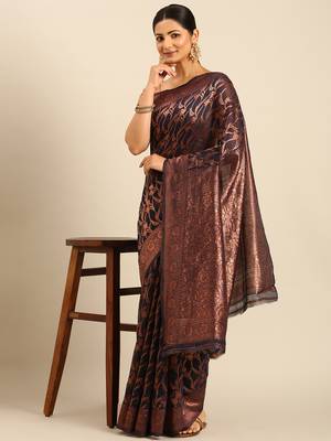 Sangam Prints Navy Blue Cotton Woven Work Traditional Saree 2