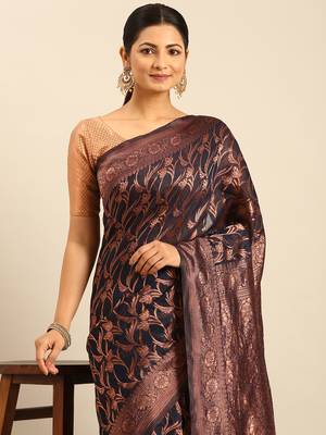 Sangam Prints Navy Blue Cotton Woven Work Traditional Saree 3