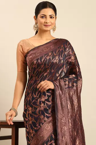 Sangam Prints Navy Blue Cotton Woven Work Traditional Saree