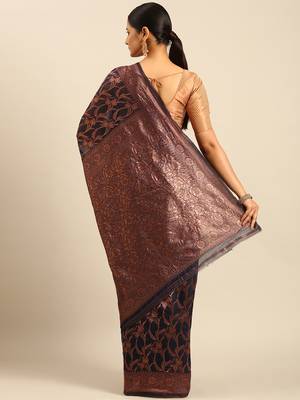 Sangam Prints Navy Blue Cotton Woven Work Traditional Saree 4