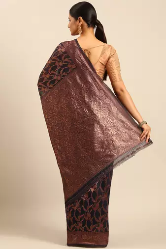 Sangam Prints Navy Blue Cotton Woven Work Traditional Saree