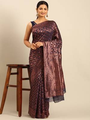Sangam Prints Navy Blue Cotton Woven Work Traditional Saree 1