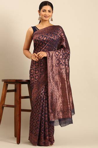 Sangam Prints Navy Blue Cotton Woven Work Traditional Saree