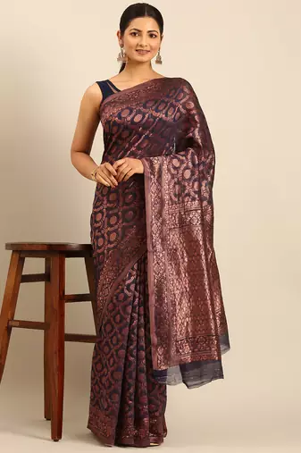 Sangam Prints Navy Blue Cotton Woven Work Traditional Saree