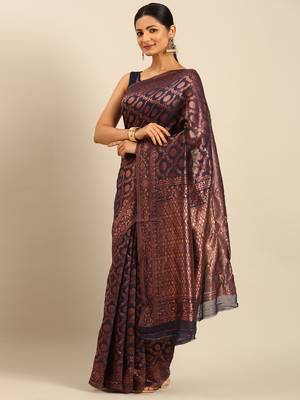 Sangam Prints Navy Blue Cotton Woven Work Traditional Saree 2