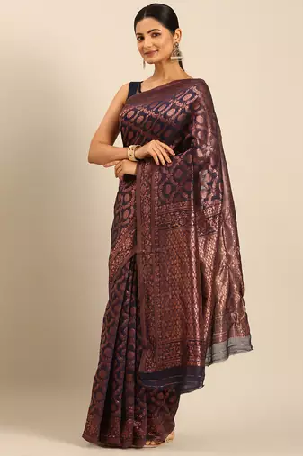 Sangam Prints Navy Blue Cotton Woven Work Traditional Saree