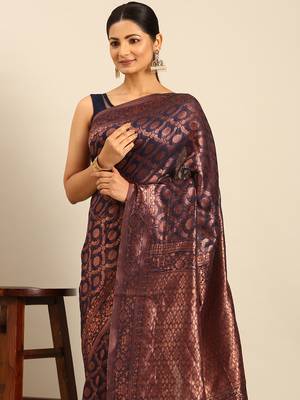 Sangam Prints Navy Blue Cotton Woven Work Traditional Saree 3