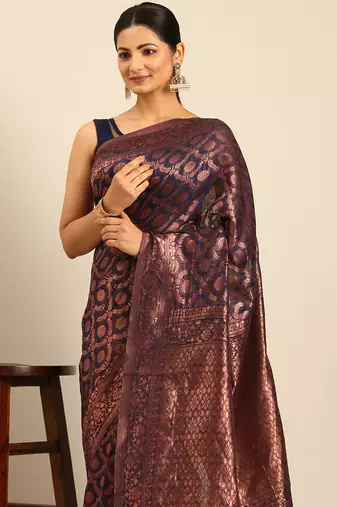 Sangam Prints Navy Blue Cotton Woven Work Traditional Saree