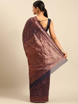 Sangam Prints Navy Blue Cotton Woven Work Traditional Saree 4