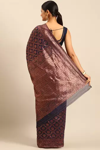Sangam Prints Navy Blue Cotton Woven Work Traditional Saree