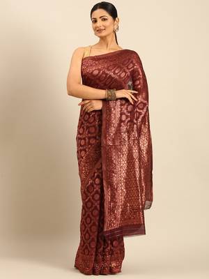 Sangam Prints Wine Cotton Woven Work Traditional Saree 1