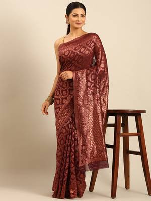 Sangam Prints Wine Cotton Woven Work Traditional Saree 2