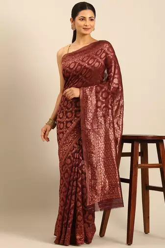 Sangam Prints Wine Cotton Woven Work Traditional Saree