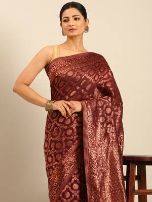Sangam Prints Wine Cotton Woven Work Traditional Saree 3