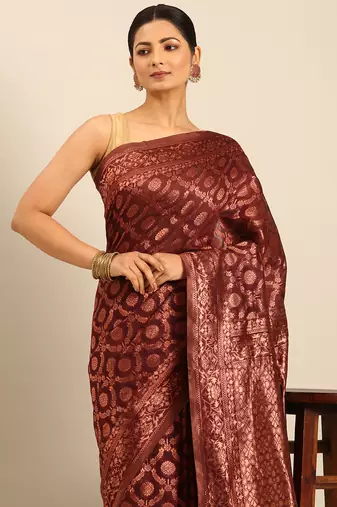 Sangam Prints Wine Cotton Woven Work Traditional Saree