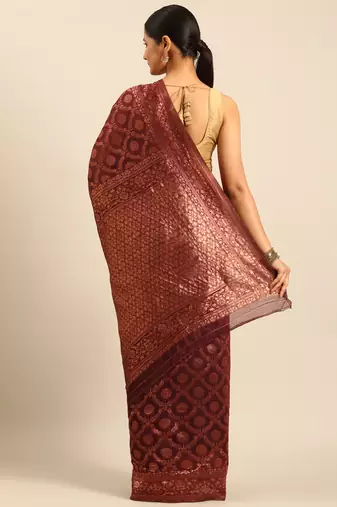 Sangam Prints Wine Cotton Woven Work Traditional Saree