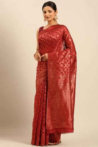 Sangam Prints Red Cotton Woven Work Traditional Saree
