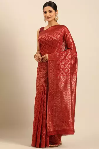 Sangam Prints Red Cotton Woven Work Traditional Saree