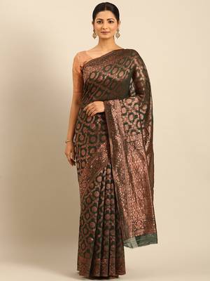 Sangam Prints Dark Green Cotton Woven Work Traditional Saree 1