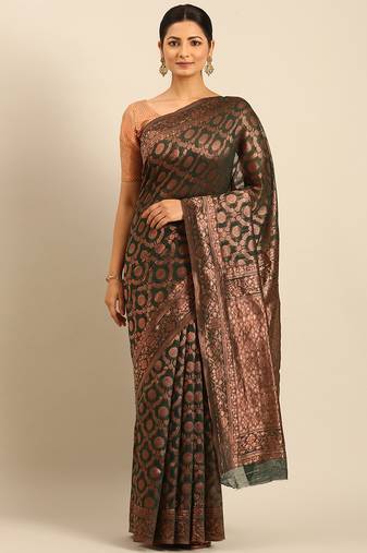 Sangam Prints Dark Green Cotton Woven Work Traditional Saree