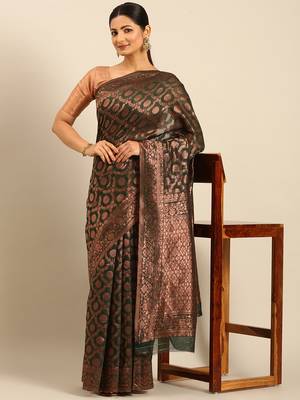 Sangam Prints Dark Green Cotton Woven Work Traditional Saree 2