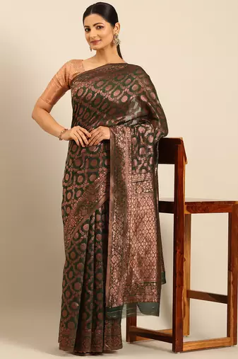 Sangam Prints Dark Green Cotton Woven Work Traditional Saree