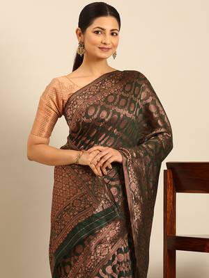 Sangam Prints Dark Green Cotton Woven Work Traditional Saree 3