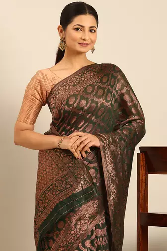 Sangam Prints Dark Green Cotton Woven Work Traditional Saree
