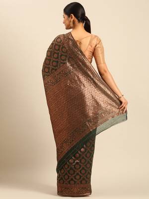 Sangam Prints Dark Green Cotton Woven Work Traditional Saree 4