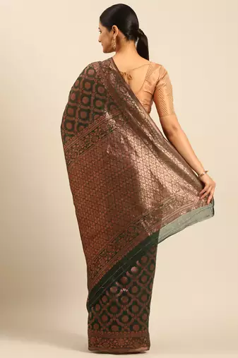 Sangam Prints Dark Green Cotton Woven Work Traditional Saree
