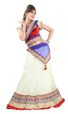 Designer Net Fabric  Beige Colored Embroidered Lahenga Choli 1