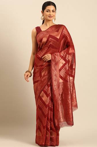 Sangam Prints Maroon Cotton Woven Work Traditional Saree