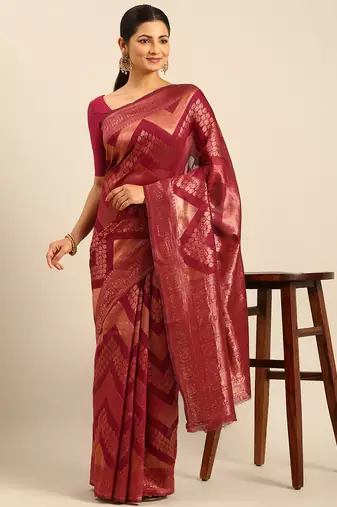 Sangam Prints Magenta Cotton Woven Work Traditional Saree
