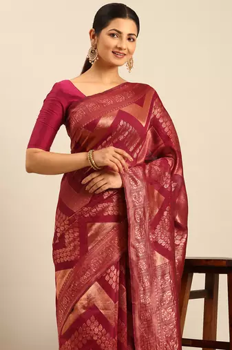 Sangam Prints Magenta Cotton Woven Work Traditional Saree