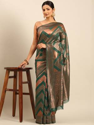 Sangam Prints Green Cotton Woven Work Traditional Saree 2