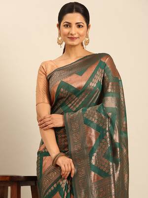 Sangam Prints Green Cotton Woven Work Traditional Saree 3