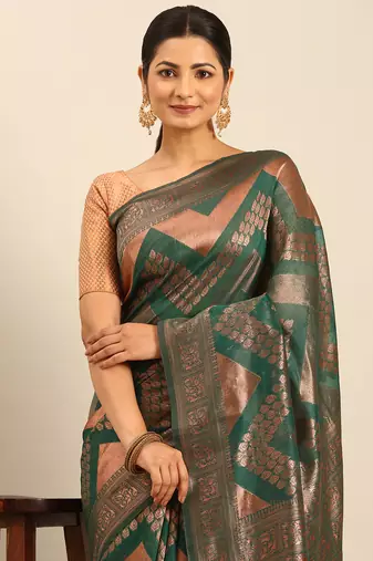 Sangam Prints Green Cotton Woven Work Traditional Saree