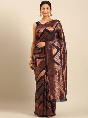 Sangam Prints Navy Blue Cotton Woven Work Traditional Saree 1