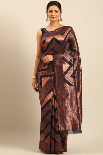 Sangam Prints Navy Blue Cotton Woven Work Traditional Saree