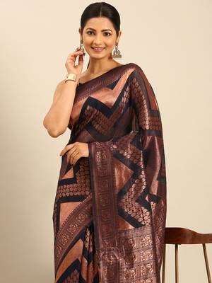 Sangam Prints Navy Blue Cotton Woven Work Traditional Saree 3