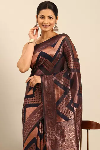 Sangam Prints Navy Blue Cotton Woven Work Traditional Saree