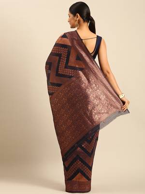 Sangam Prints Navy Blue Cotton Woven Work Traditional Saree 4