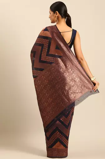 Sangam Prints Navy Blue Cotton Woven Work Traditional Saree
