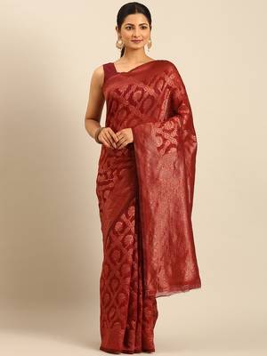 Sangam Prints Maroon Cotton Woven Work Traditional Saree 1