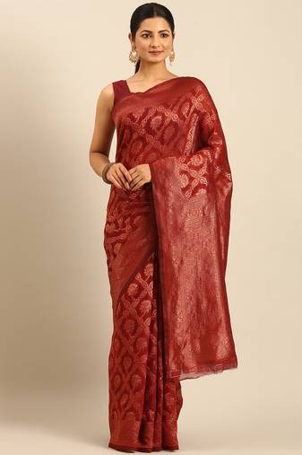 Sangam Prints Maroon Cotton Woven Work Traditional Saree