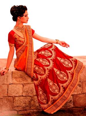 Designer Net Fabric Red Colored Embroidered Lahenga Choli 1
